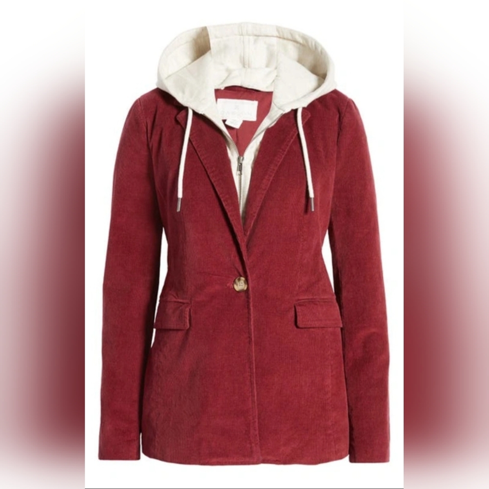 NWT Caslon CORDUROY BLAZER WITH REMOVABLE HOOD IN BURGUNDY
